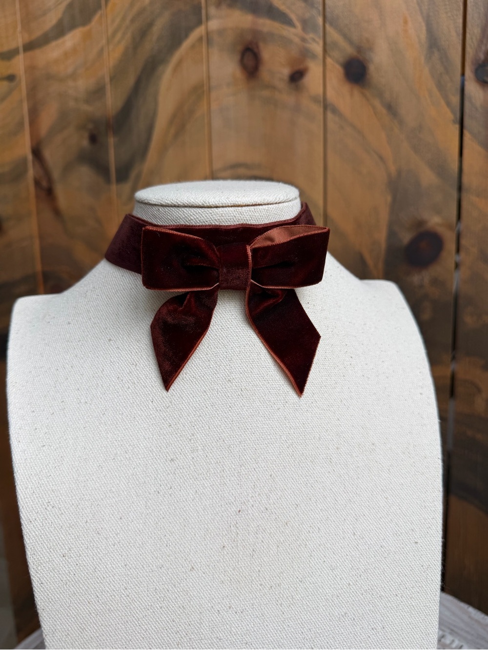 Handmade Velvet Bow Choker Necklace in a burnt auburn. Handmade/New